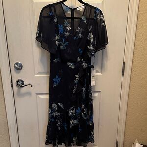 Calvin Klein Black and Blue Floral Midi Dress outdoor Garden Wedding Size 4 NWT